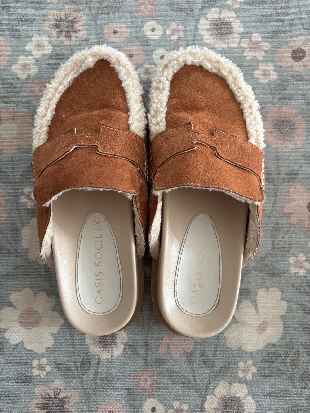 Society Tan Suede Shearling-Trim Slide Mules